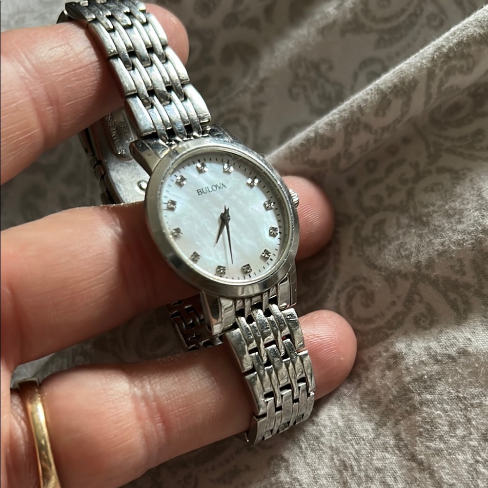 Bulova Silver Watch with Mother of Pearl Dial